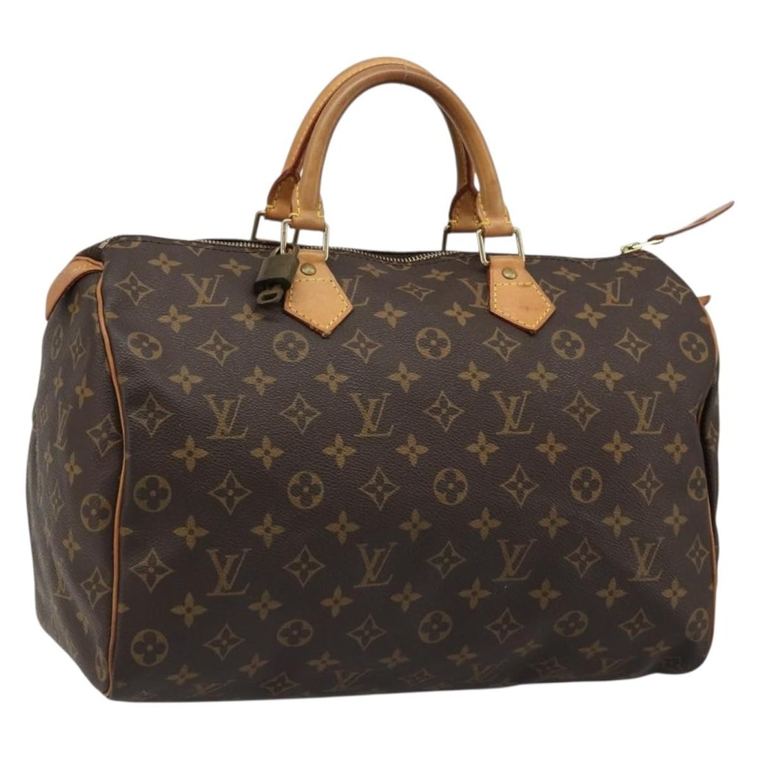 Louis Vuitton M41524 Speedy 35 Monogram Canvas Handbag with Dust Bag: Louis Vuitton M41524 Speedy 35 Monogram Canvas Handbag with Dust Bag Louis Vuitton Monogram Speedy 35 hand bag in Monogram Canvas, made in France. It comes with a dust bag, padlock, and one key. The b