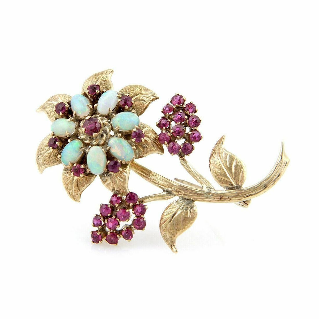 Vintage 18k Yellow Gold Floral Brooch with Opal and Ruby: Vintage 18k Yellow Gold Floral Brooch with Opal and Ruby Vintage/estate floral pin brooch crafted in 18k yellow gold, featuring opal and ruby accents. The design presents a detailed flower motif with 