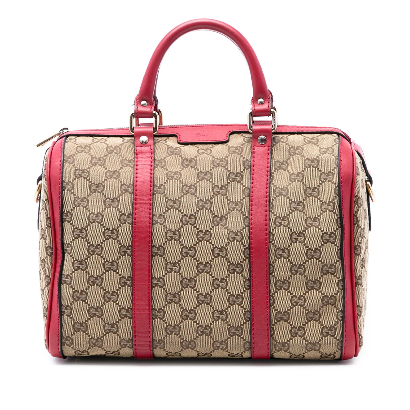 Gucci Joy Boston satchel in GG canvas with leather trim: Gucci Joy Boston satchel in GG canvas with leather trim This Gucci Medium GG Canvas Joy Boston Bag features a beige canvas body with leather trim, rolled leather handles, a top zip closure, and interi