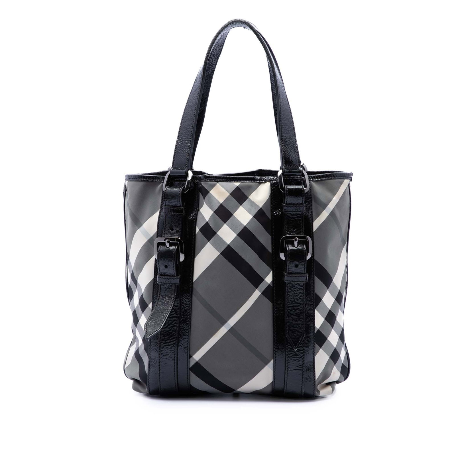 Burberry Victoria Tote Small Beat Check Nylon Gray Bag: Burberry Victoria Tote Small Beat Check Nylon Gray Bag Burberry Small Beat Check Nylon Victoria Tote in gray, made in Italy. This tote has a nylon body with patent leather trim and flat patent leather