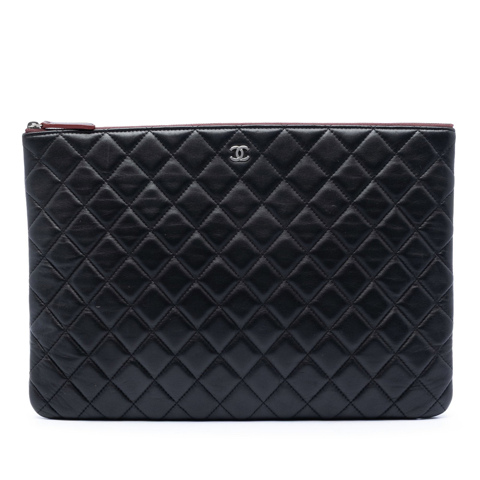 Black Lambskin Zip Clutch Chanel O Case Large: Black Lambskin Zip Clutch Chanel O Case Large This Chanel Large Quilted Lambskin O Case Clutch is crafted in quilted lambskin leather with a top zip closure. It is a black bag made in Italy and presen