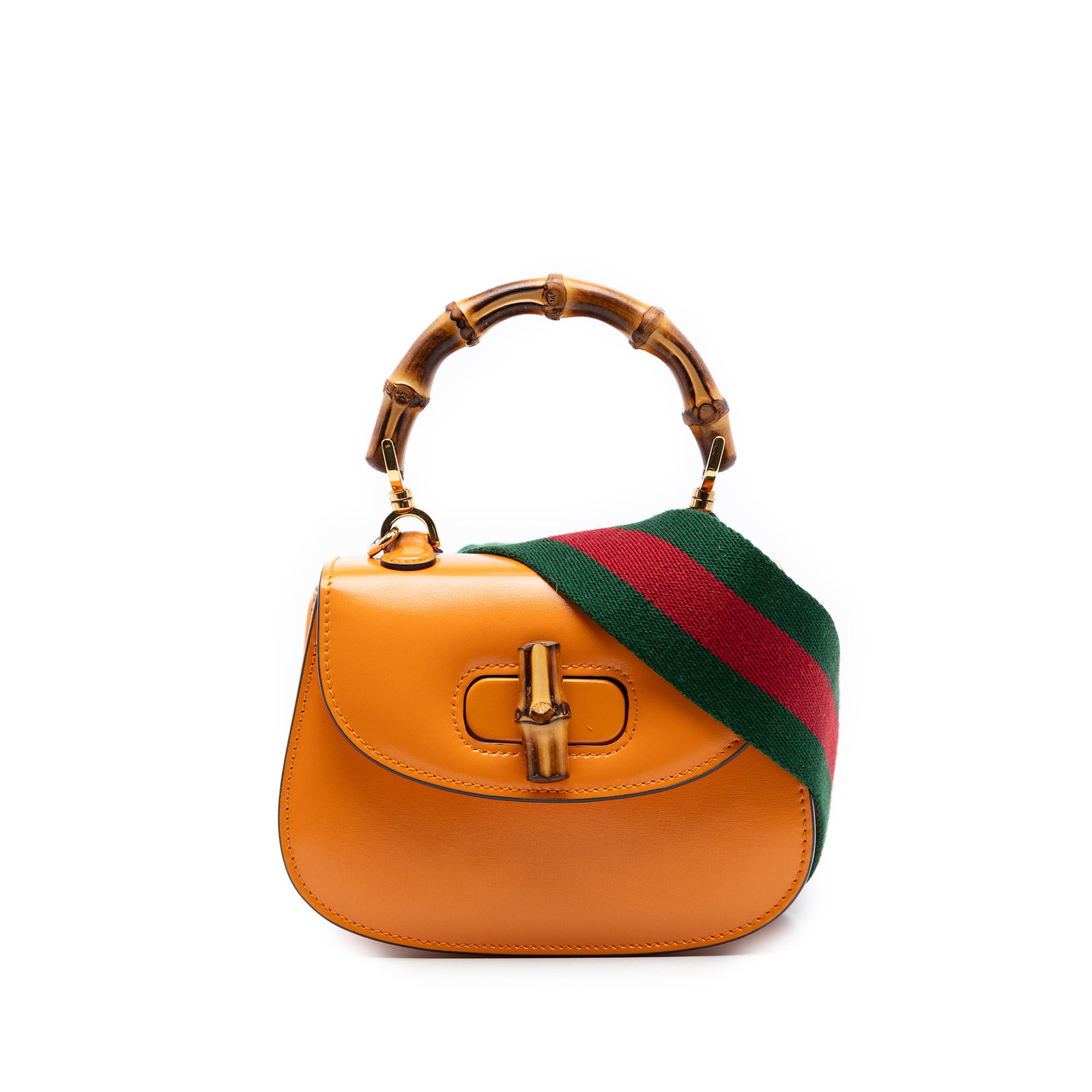 Gucci 1947 Bamboo Mini Leather Satchel with Web Strap: Gucci 1947 Bamboo Mini Leather Satchel with Web Strap Gucci Mini Calfskin Web 1947 Bamboo Top Handle Bag in orange leather. This satchel features a bamboo top handle, a detachable flat canvas strap, a