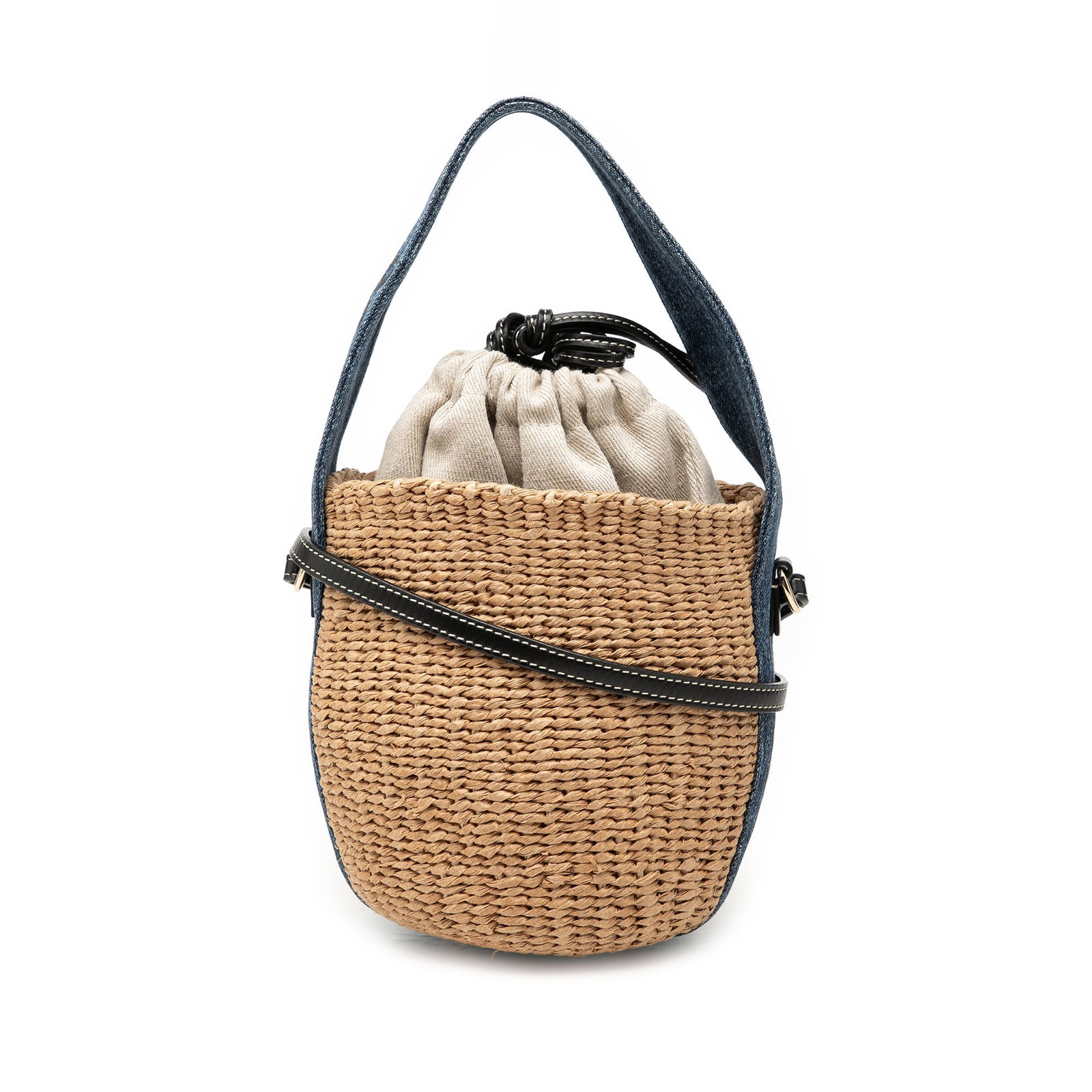 Chloe Woody Small Bucket Bag in Raffia with Leather Strap: Chloe Woody Small Bucket Bag in Raffia with Leather Strap A Chloe Small Raffia Woody Basket Bucket Bag in beige, featuring a woven raffia body, flat handle, flat leather shoulder strap, and a top draw