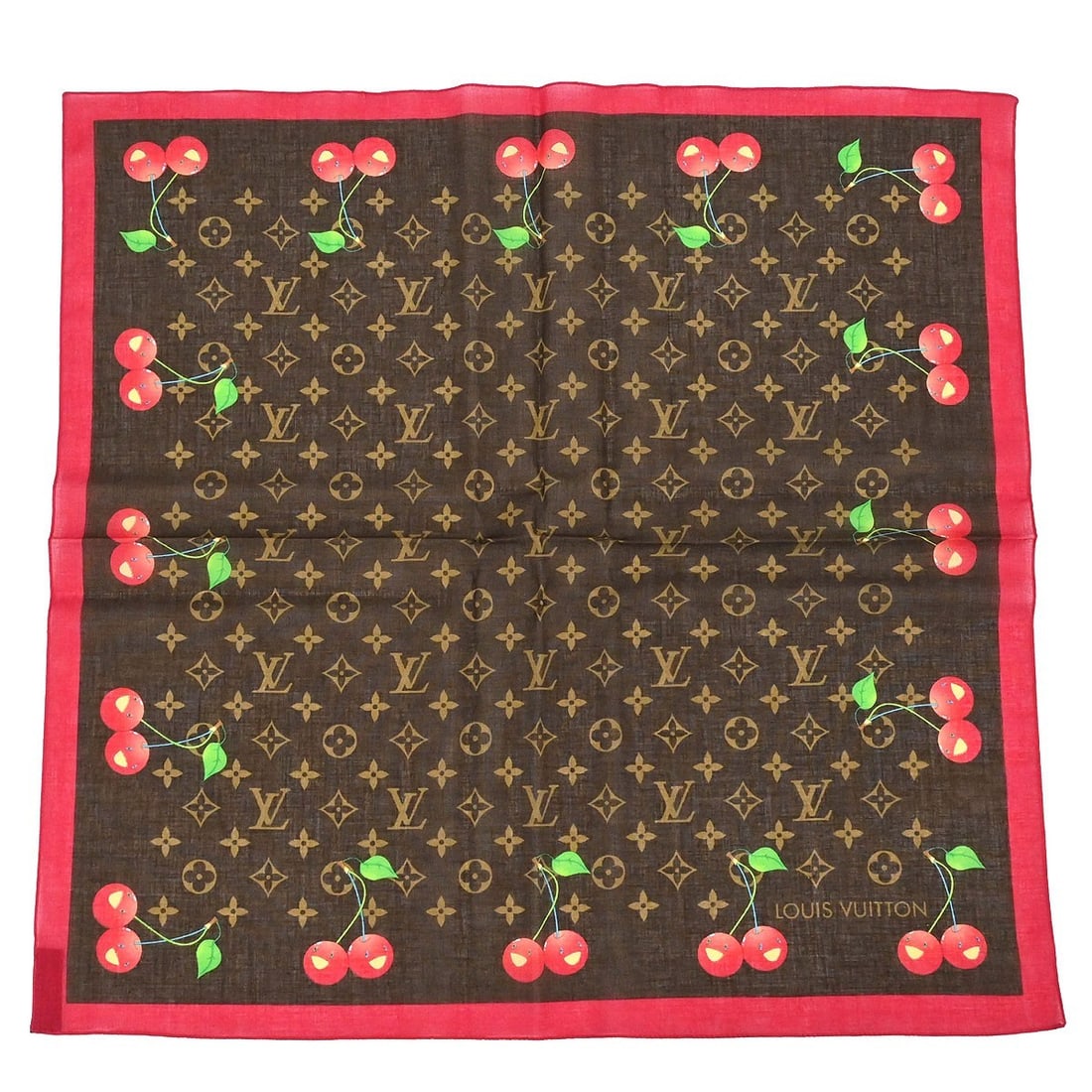 Louis Vuitton M71963 Monogram Cherry Cotton Scarf Brown Italy (1 of 4)