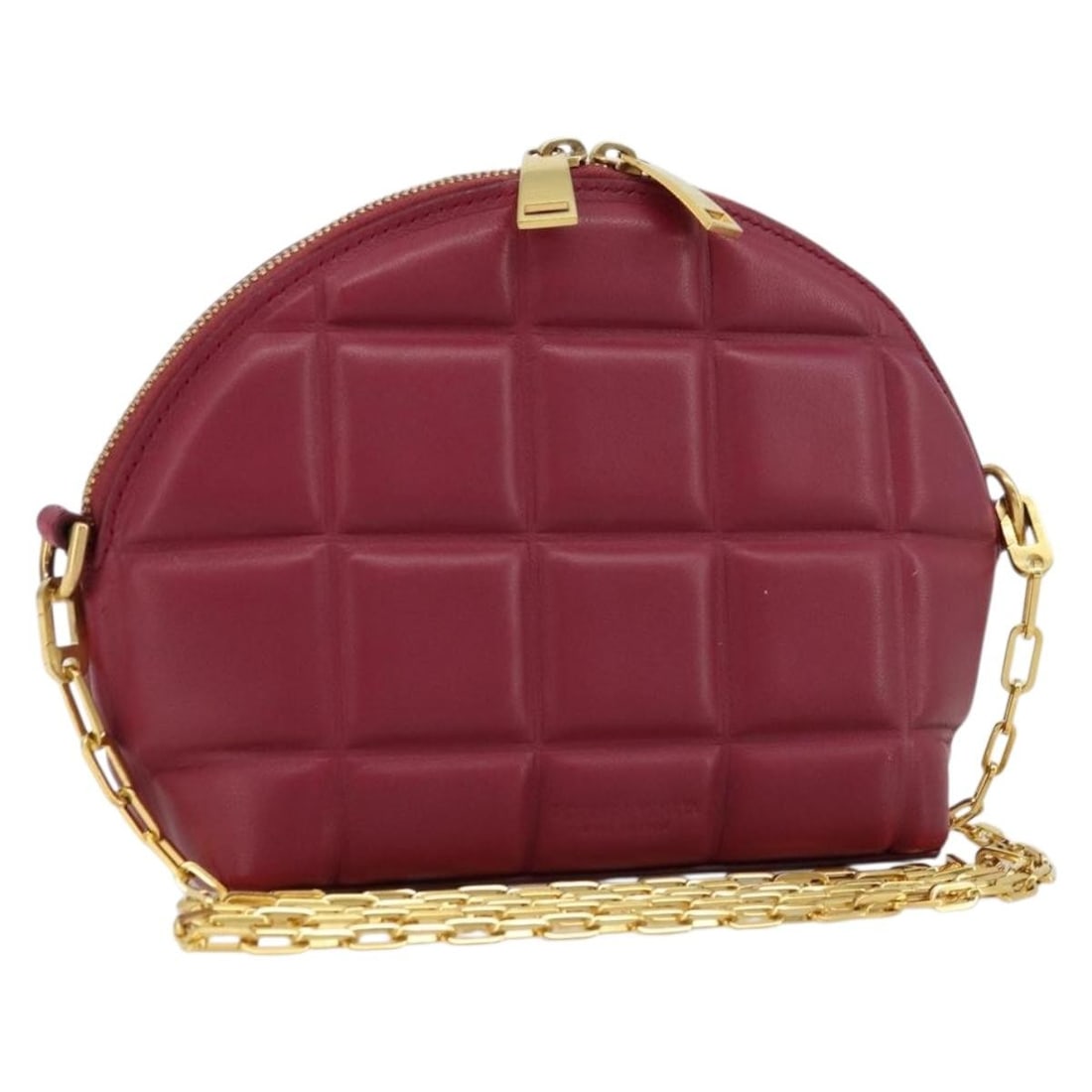 Bottega Veneta Bordeaux Gold Leather Half Moon Shoulder Bag: Bottega Veneta Bordeaux Gold Leather Half Moon Shoulder Bag This Bottega Veneta Padded Half Moon Chain Bag is crafted from leather in a bordeaux and gold color combination. Designed as a shoulder bag,
