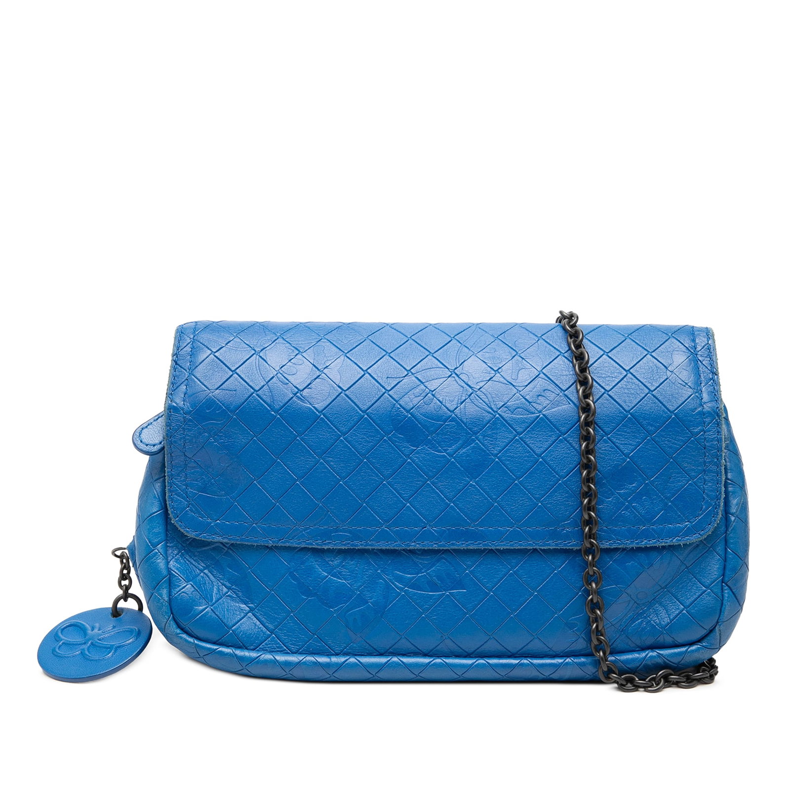 Bottega Veneta Intrecciomirage Butterfly Small Leather Chain Crossbody Bag: Bottega Veneta Intrecciomirage Butterfly Small Leather Chain Crossbody Bag Bottega Veneta small crossbody bag in blue calfskin leather with Intrecciomirage embossed butterfly detailing. It features a 