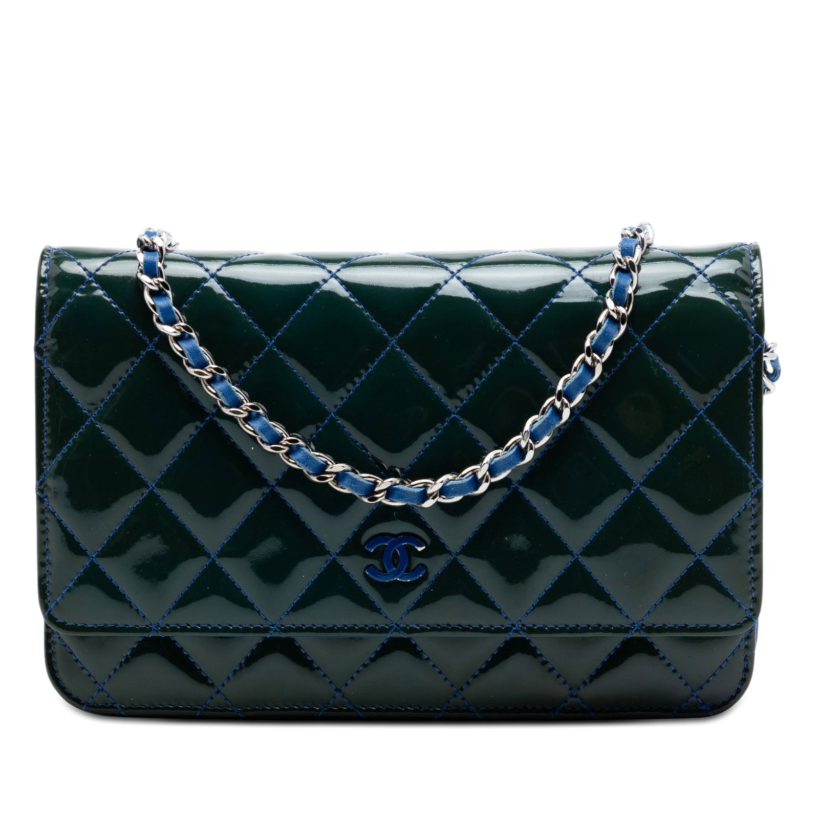 Chanel CC Patent Leather Wallet on Chain Blue Quilted Bag: Chanel CC Patent Leather Wallet on Chain Blue Quilted Bag A Chanel CC Quilted Patent Wallet On Chain in blue, made in Italy. It features a quilted patent leather body, a leather-woven chain link strap