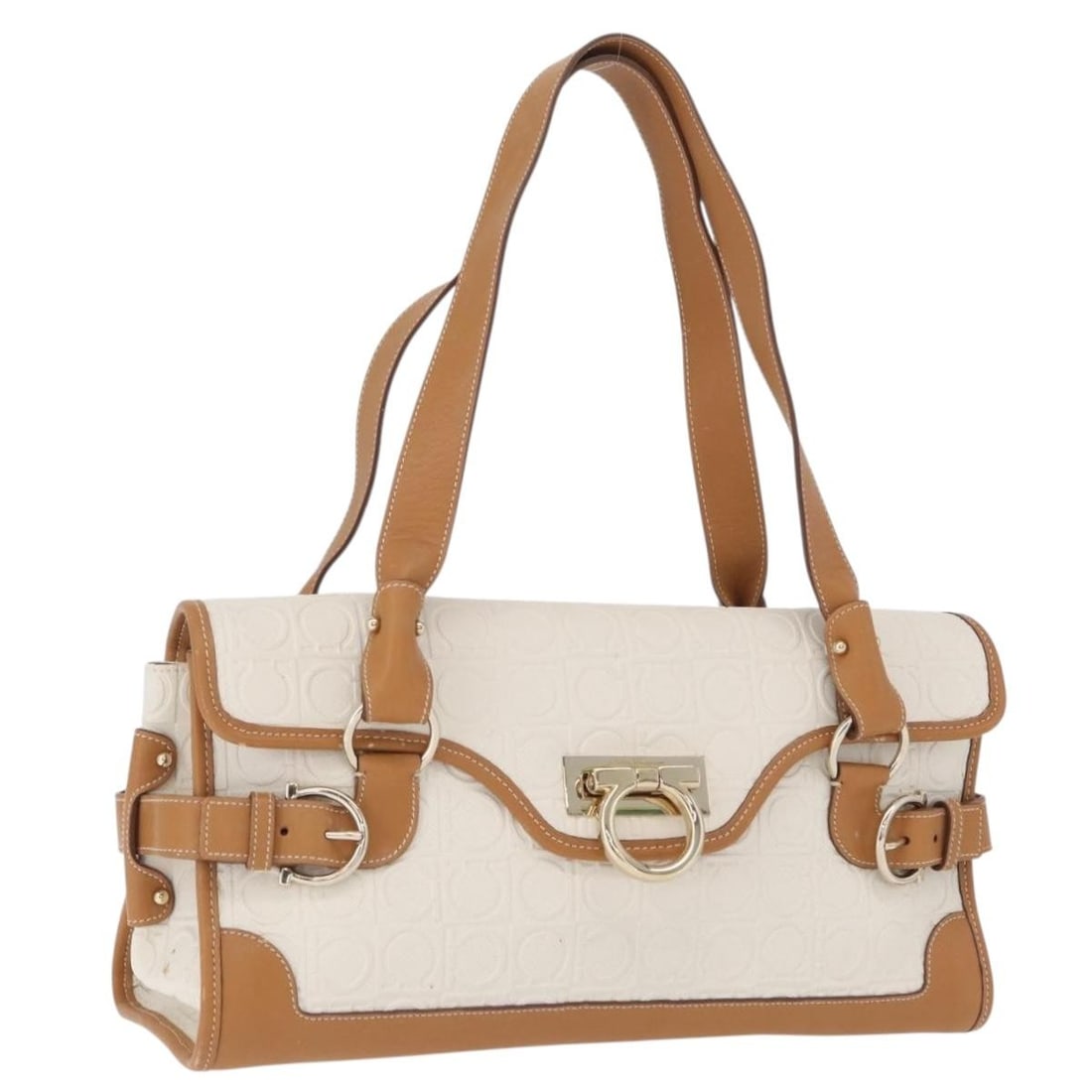 White PVC Canvas Gancini Handbag by Salvatore Ferragamo Gold Accents: White PVC Canvas Gancini Handbag by Salvatore Ferragamo Gold Accents This Salvatore Ferragamo Gancini handbag features a white and gold PVC leather exterior with gold-tone accents. Designed for women,