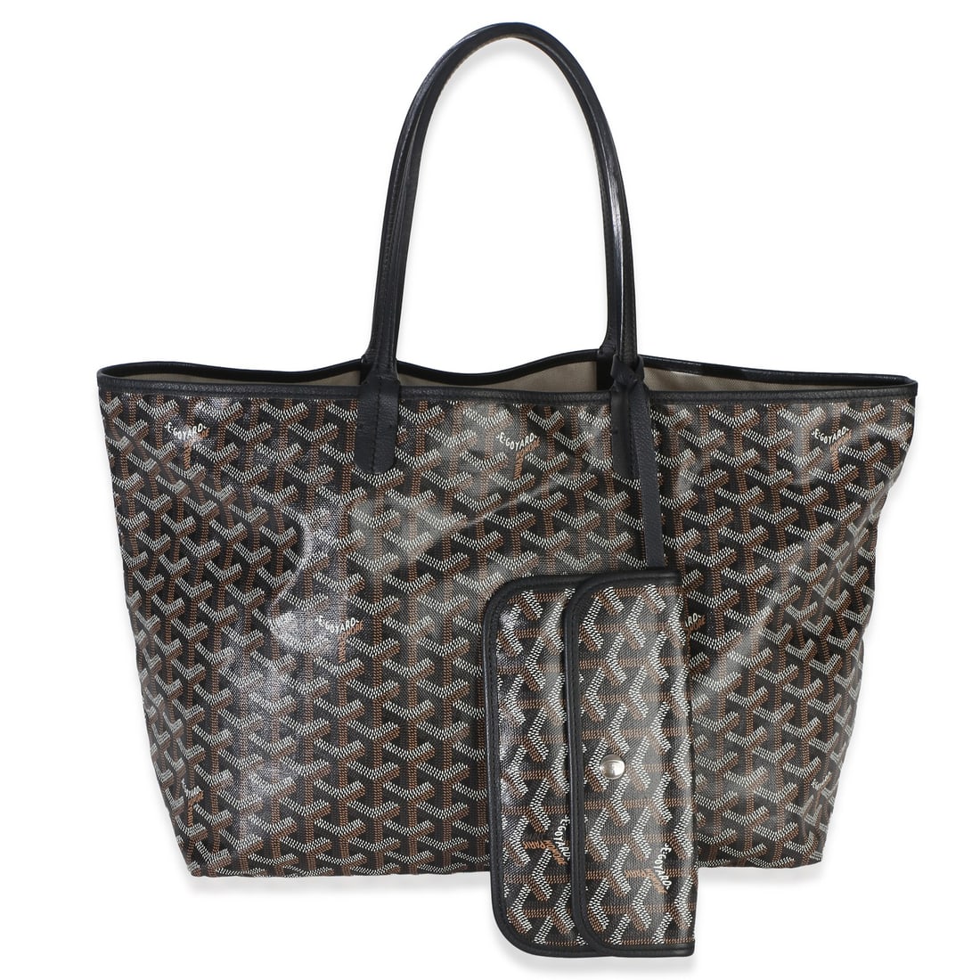 Goyard Saint Louis PM Black Canvas Tote with Dustbag Pochette: Goyard Saint Louis PM Black Canvas Tote with Dustbag Pochette Black Goyardine canvas Saint Louis PM tote with an open top closure, silver-tone hardware, and beige canvas lining. The handbag is pre-own