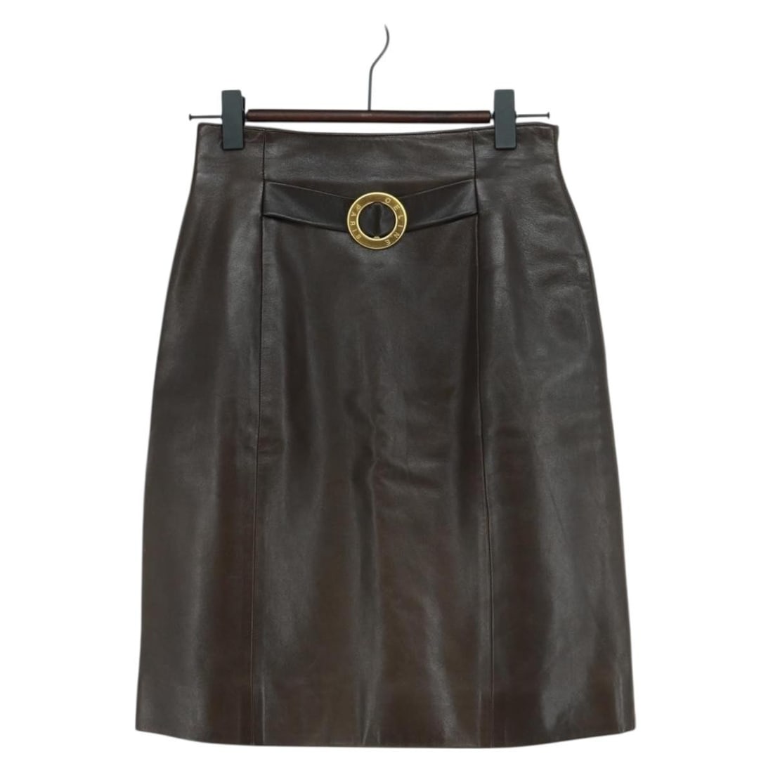 CELINE Lamb Skin Skirt Brown Gold Made in France: CELINE Lamb Skin Skirt Brown Gold Made in France A CELINE skirt made from lamb skin in a brown and gold colorway. It is a size B condition item with reasonable wear and tear, showing slight rubbing an