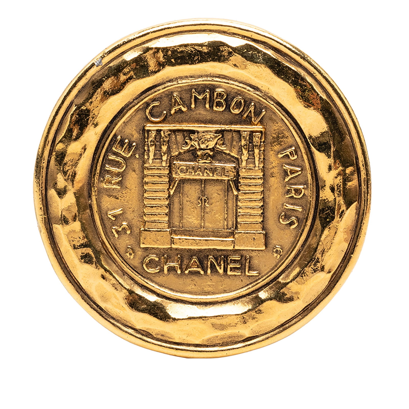Chanel 31 Rue Cambon Gold Plated Medallion Brooch Pin: Chanel 31 Rue Cambon Gold Plated Medallion Brooch Pin Chanel gold-plated medallion pin brooch featuring a back pin closure. The piece is made of metal, has a gold color, and was made in France. It is 