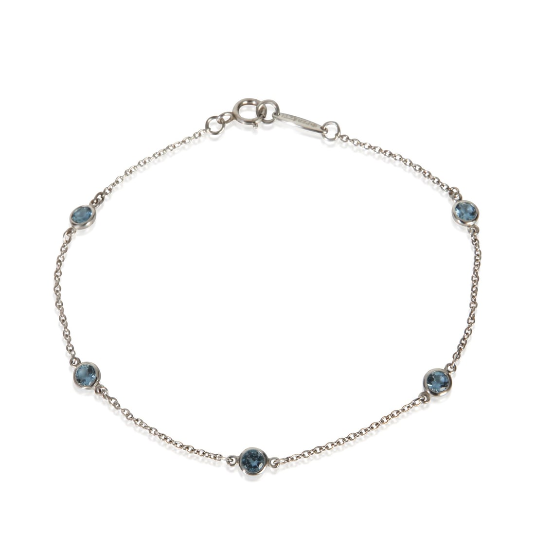 Tiffany & Co. Platinum Aquamarine Bracelet from Elsa Peretti Color By The Yard Collection: Tiffany & Co. Platinum Aquamarine Bracelet from Elsa Peretti Color By The Yard Collection This Tiffany & Co. bracelet from the Elsa Peretti Color By The Yard collection features a delicate aquamarine 