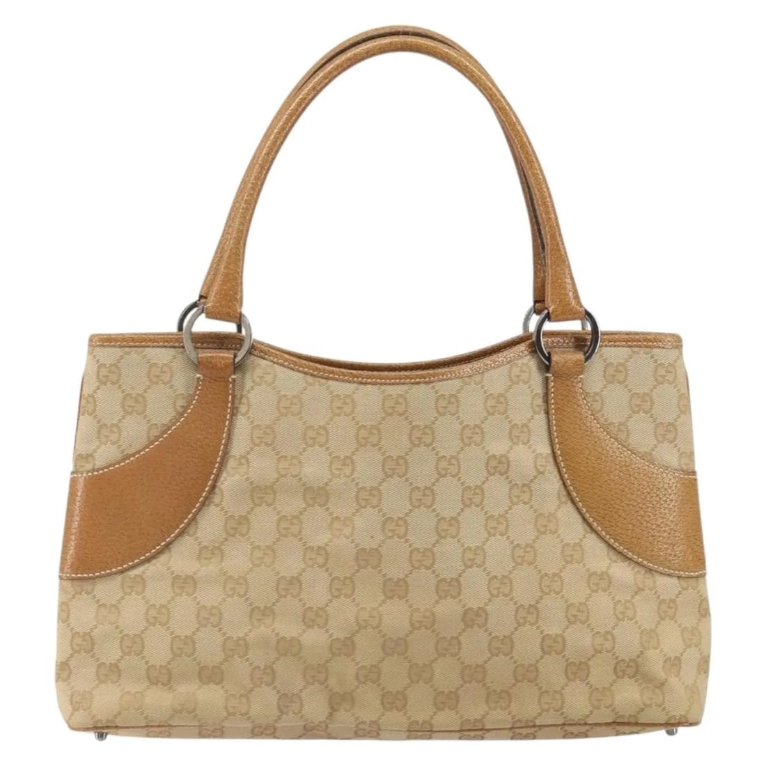 Beige GG Canvas Ring Tote by Gucci Vintage Collection: Beige GG Canvas Ring Tote by Gucci Vintage Collection This Gucci Vintage Ring Tote is crafted from GG canvas with leather accents in a beige color. Designed for women, it features a spacious interior 