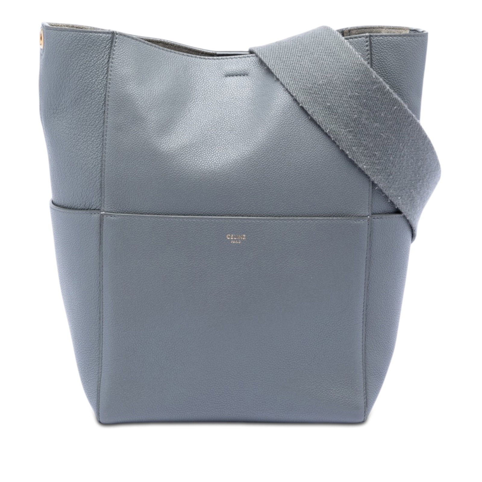 Celine Gray Leather Seau Sangle Medium Bucket Bag: Celine Gray Leather Seau Sangle Medium Bucket Bag This Celine Medium Leather Seau Sangle Bucket Bag is crafted from gray leather and features a detachable flat canvas strap, an open top with a hook cl