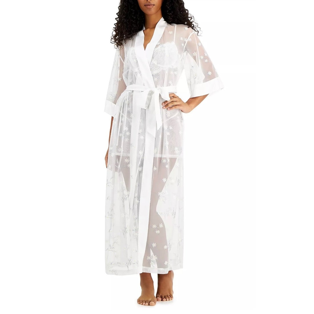 INC Daisy-Embroidered Sheer Kimono Robe Women's M White (1 of 2)