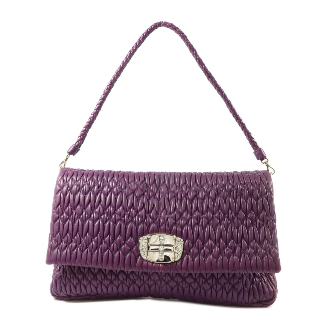 Miu Miu Purple Lambskin Shoulder Bag with SHW: Miu Miu Purple Lambskin Shoulder Bag with SHW A Miu Miu shoulder bag crafted from lambskin leather in purple. It features a turn lock closure, one open inside pocket, and one inside zip pocket. The ba