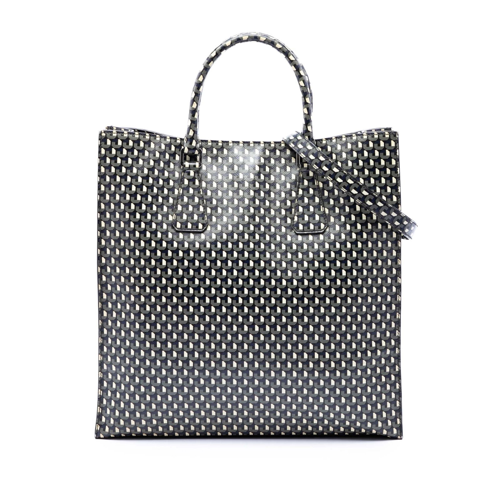 Prada Saffiano Stampato Leather Satchel Tote Black: Prada Saffiano Stampato Leather Satchel Tote Black This Prada Saffiano Stampato Shopping Tote is a black satchel made in Italy from printed saffiano leather. It features rolled saffiano leather handle