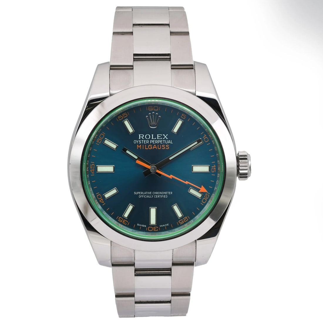 Rolex 116400GV Milgauss automatic mens watch with Z Blue dial: Rolex 116400GV Milgauss automatic mens watch with Z Blue dial Pre-owned Rolex Milgauss 116400GV men's wristwatch with a Z Blue sunburst dial and automatic movement. This stainless steel watch features