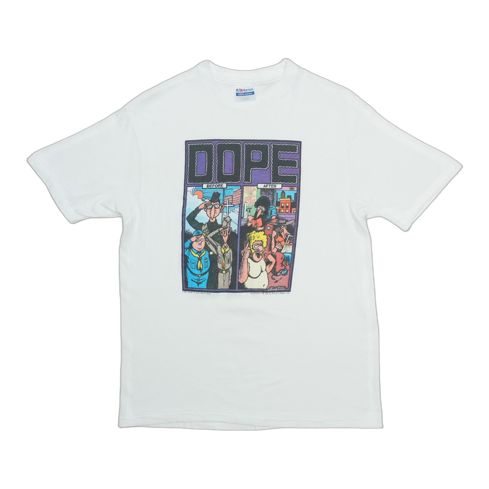 Vintage 1985 Gilbert Shelton Dope Shirt Large Cotton White: Vintage 1985 Gilbert Shelton Dope Shirt Large Cotton White This is an original vintage 1985 Gilbert Shelton "Dope Before & After" shirt. Made from 100% cotton, this shirt features a white color and is