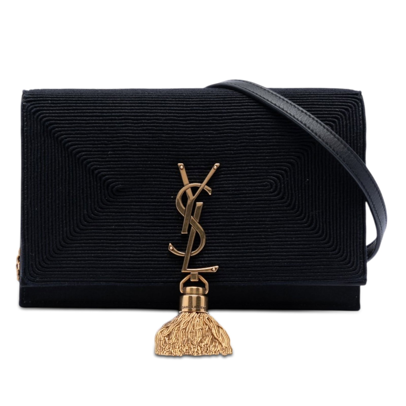 Saint Laurent Kate Monogram satin chain wallet with tassel: Saint Laurent Kate Monogram satin chain wallet with tassel Saint Laurent Kate wallet on chain in black embroidered satin with the signature monogram design and tassel detail. This Italian-made bag fea