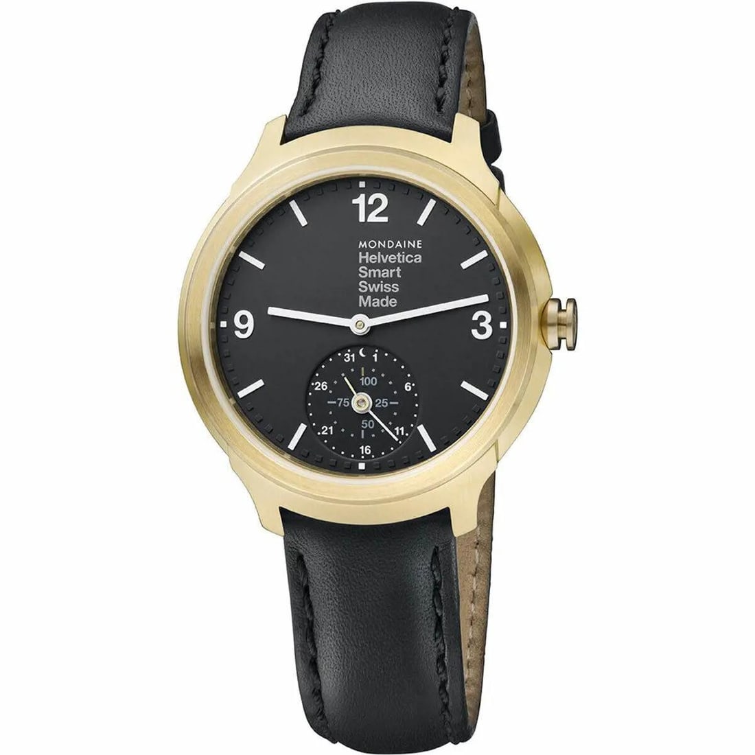 Mondaine Helvetica No 1 Bold Smart Men Watch Gold Tone Black Dial Quartz: Mondaine Helvetica No 1 Bold Smart Men Watch Gold Tone Black Dial Quartz The Mondaine Helvetica No 1 Bold Smart Watch combines style and functionality for the modern man. This casual wristwatch featur