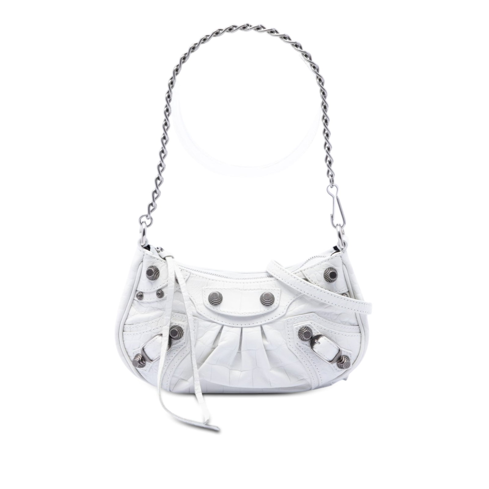 Balenciaga Le Cagole Mini White Embossed Leather Shoulder Bag: Balenciaga Le Cagole Mini White Embossed Leather Shoulder Bag Balenciaga Mini Embossed Leather Motocross Le Cagole shoulder bag in white embossed leather. This bag features a chain link handle, an adj