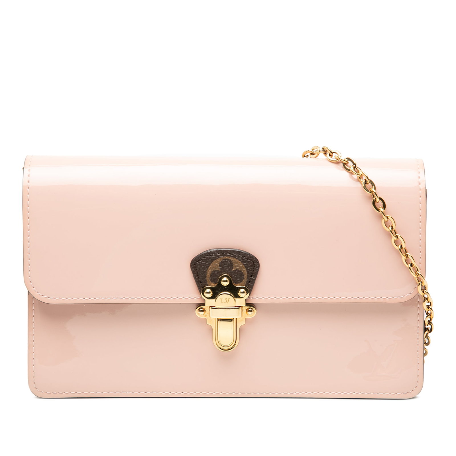 Louis Vuitton Cherrywood Pink Patent Chain Wallet with Flap Closure: Louis Vuitton Cherrywood Pink Patent Chain Wallet with Flap Closure The Louis Vuitton Portefeuille Cherrywood Wallet On Chain features a pink patent leather body with a chain link shoulder strap. It i