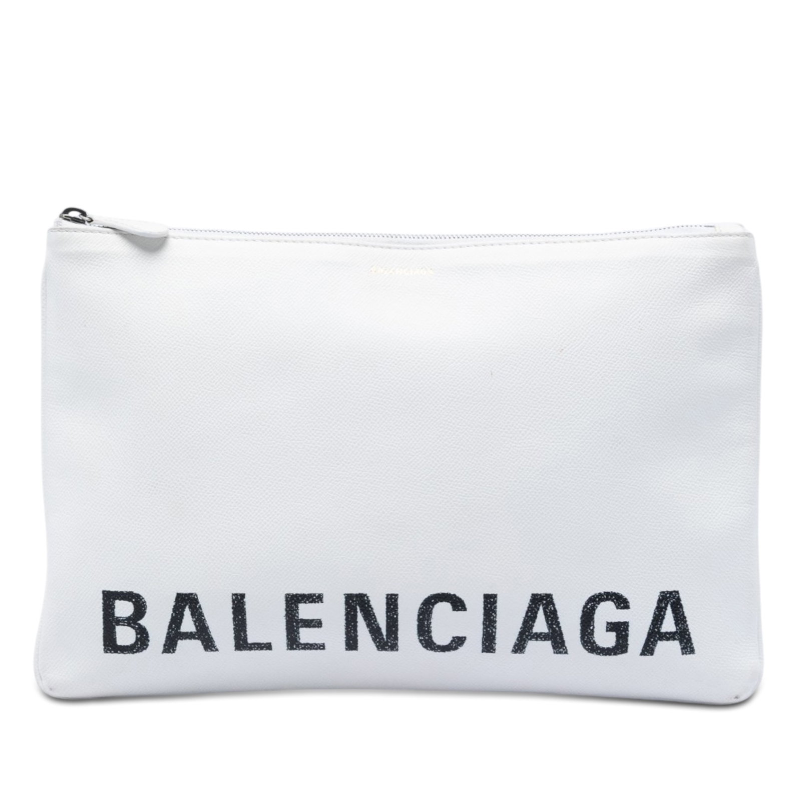 Balenciaga Ville Logo Leather Zip Clutch Pouch: Balenciaga Ville Logo Leather Zip Clutch Pouch Leather clutch bag with a top zip closure and an interior slip pocket. It is made of leather, in white, and was made in Italy. Condition is B+ with noted