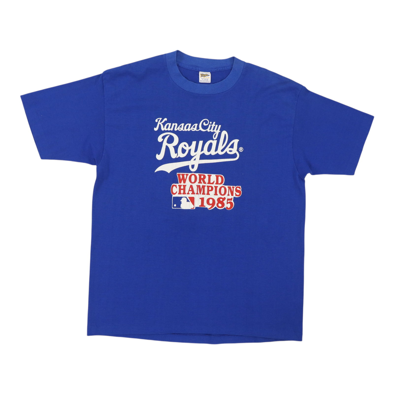 Vintage 1985 Blue Kansas City Royals World Champions Poly Cotton Shirt: Vintage 1985 Blue Kansas City Royals World Champions Poly Cotton Shirt This is an original vintage 1985 Kansas City Royals World Champions shirt. Featuring blue 50/50 poly/cotton material, this authen