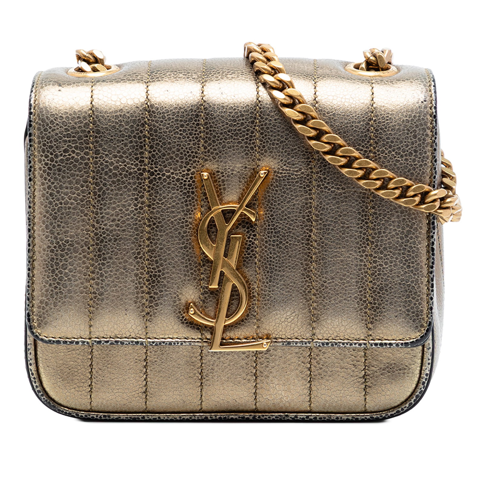 Saint Laurent Vicky Chain Crossbody Bag Gold Leather: Saint Laurent Vicky Chain Crossbody Bag Gold Leather This Saint Laurent Small Metallic Grain De Poudre Monogram Vicky Chain Bag features a gold leather body with a metallic finish, a chain link strap 