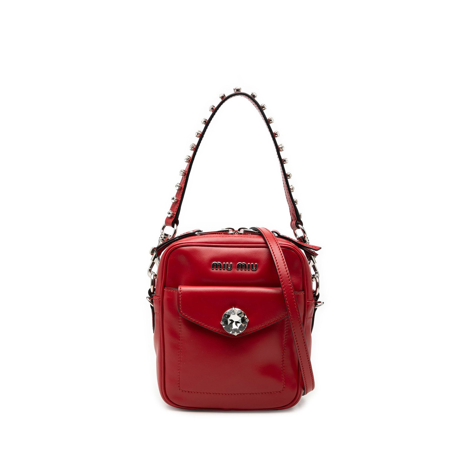 Miu Miu Vitello Soft Leather Camera Bag with Crystal Handle: Miu Miu Vitello Soft Leather Camera Bag with Crystal Handle This is a Miu Miu Vitello Soft Crystal Embellished Solitaire Camera Bag satchel in red leather, made in Italy. It features a detachable flat