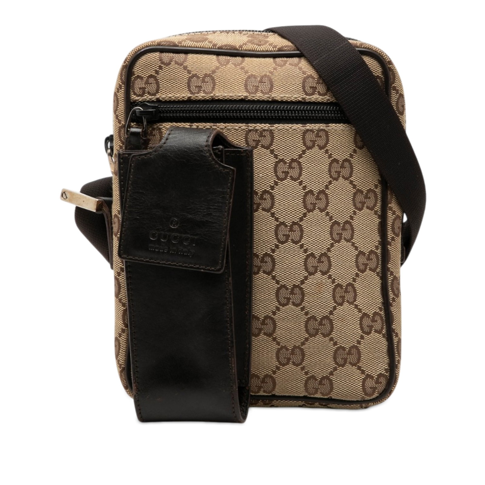 Gucci GG Canvas Bag Beige Crossbody with Front Zip Pocket: Gucci GG Canvas Bag Beige Crossbody with Front Zip Pocket Gucci GG Canvas Crossbody bag in beige, made in Italy. It features a canvas body with leather trim, an adjustable flat strap, a top zip closur
