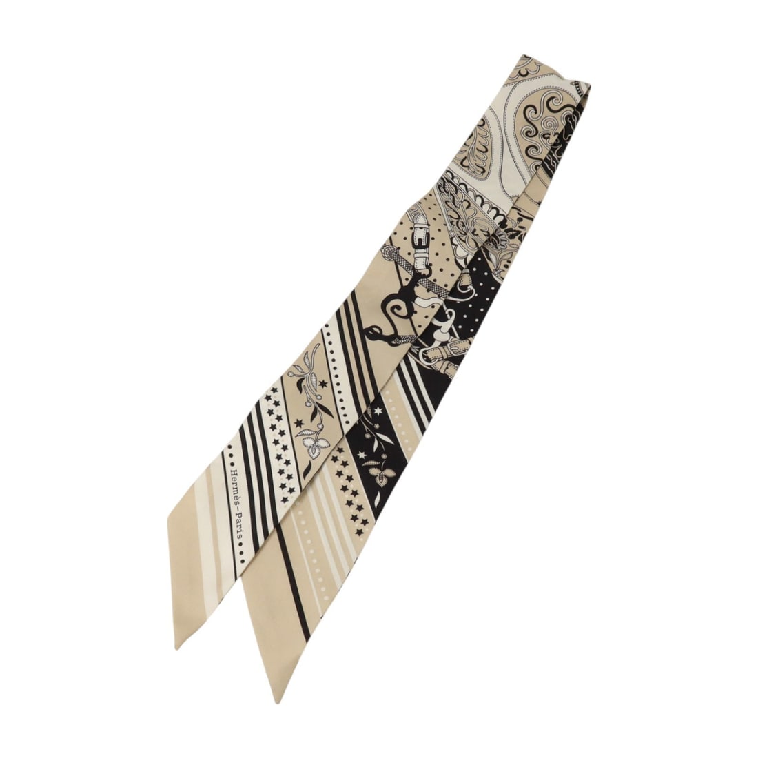 Hermes Twilly Silk Scarf Beige Black White with Box: Hermes Twilly Silk Scarf Beige Black White with Box A Hermes Twilly scarf in beige, black, and white silk. It comes with a storage box and is described as being in pristine A+ condition. Specification