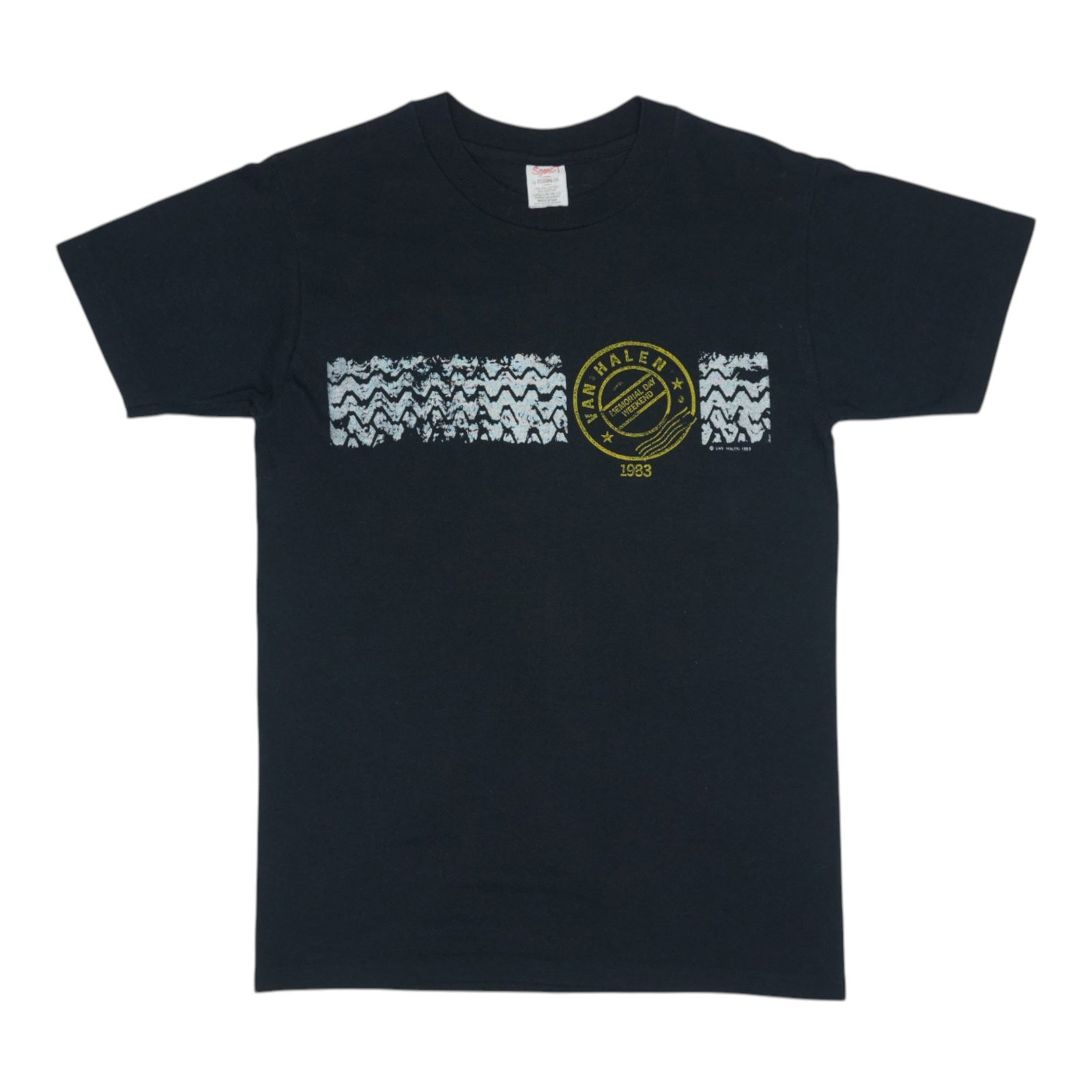 Vintage 1983 Van Halen Poly Cotton Black Memorial Day Graphic Tee: Vintage 1983 Van Halen Poly Cotton Black Memorial Day Graphic Tee This is an original vintage 1983 Van Halen Memorial Day Weekend shirt featuring front and back graphics. The shirt is made from a 50/5