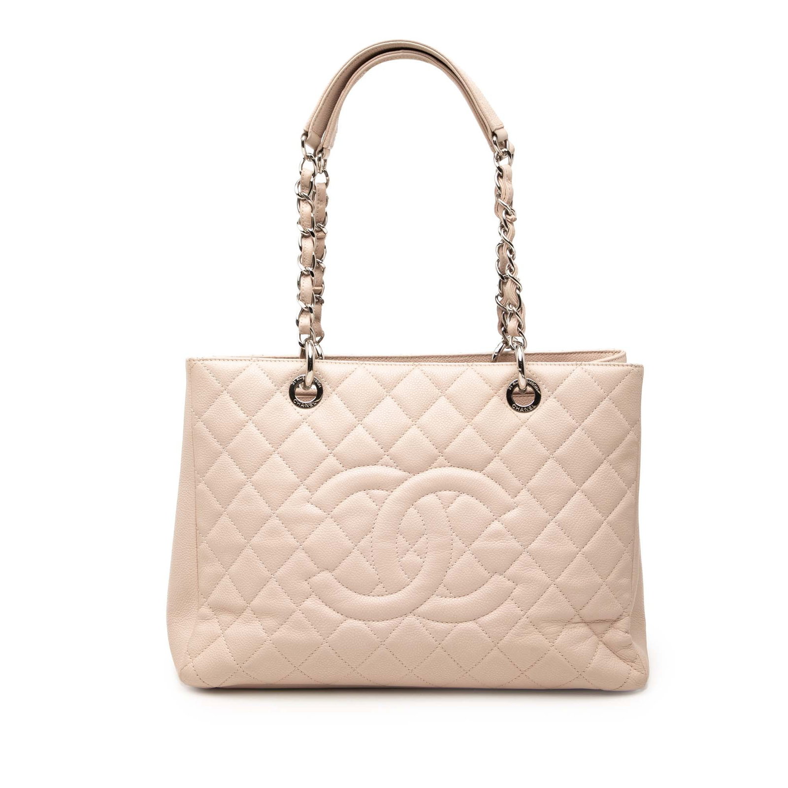 Pink Chanel caviar leather tote bag: Pink Chanel caviar leather tote bag This Chanel Caviar Grand Shopping Tote is crafted from quilted caviar leather in a pink hue. It features leather-woven chain shoulder straps with a leather guard, a