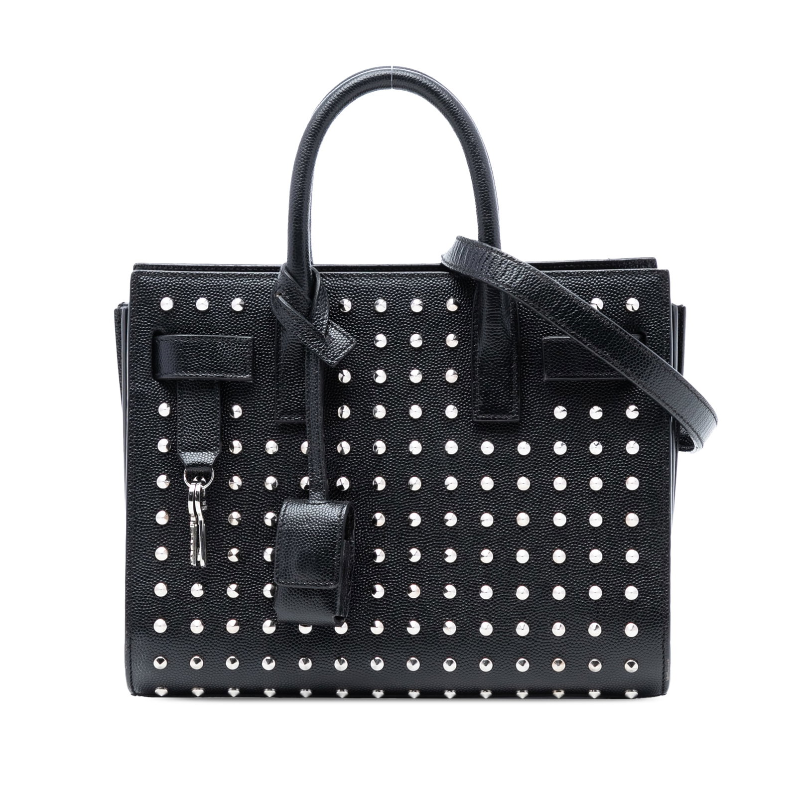 Saint Laurent Nano Sac de Jour Black Studded Leather Satchel Bag: Saint Laurent Nano Sac de Jour Black Studded Leather Satchel Bag This Saint Laurent Nano Grain de Poudre Studded Sac de Jour Satchel features a black studded leather body with rolled leather handles a