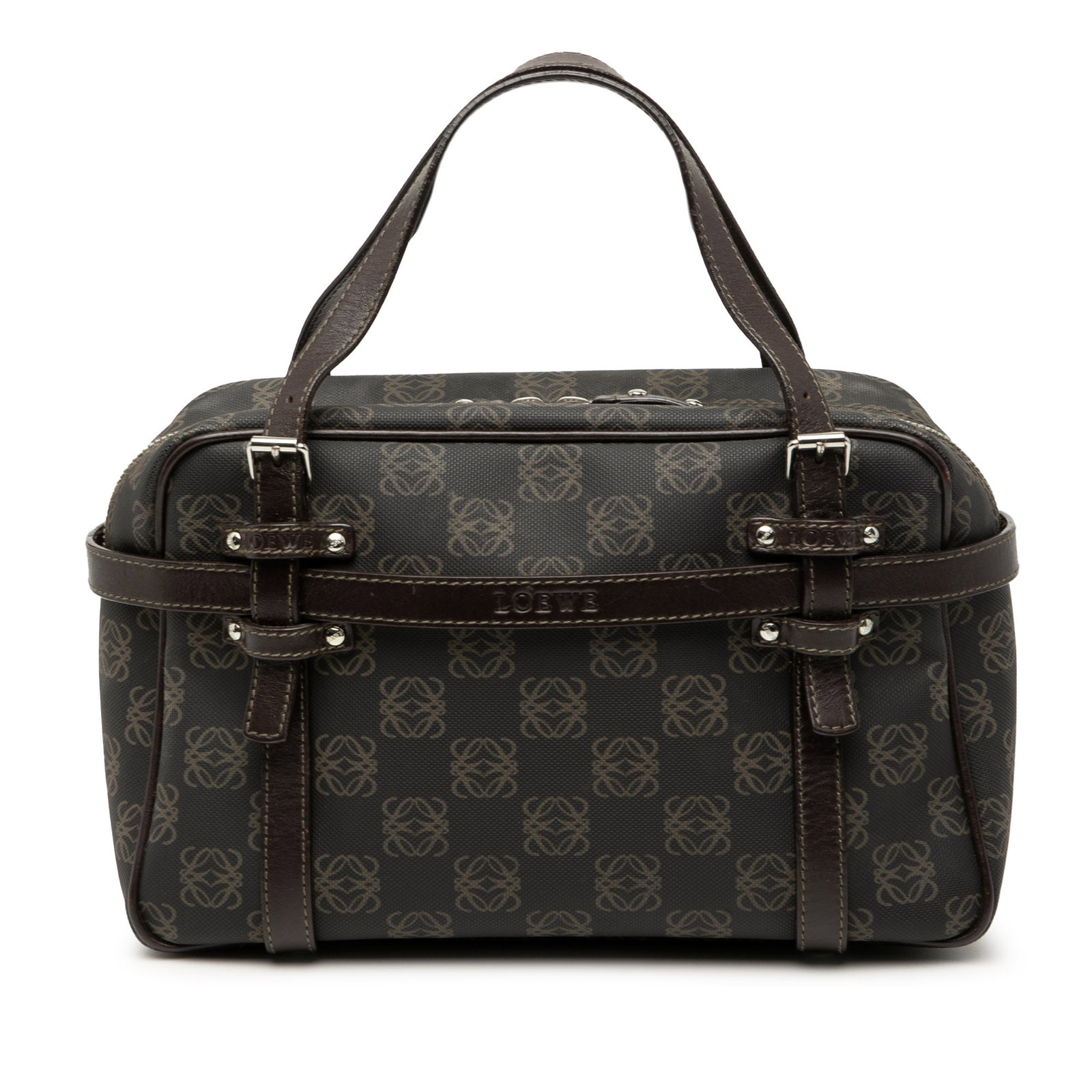 LOEWE Anagram Coated Canvas Handbag with Leather Trim: LOEWE Anagram Coated Canvas Handbag with Leather Trim This LOEWE Anagram Coated Canvas Handbag combines functionality with style. It features a durable coated canvas body complemented by leather trim,