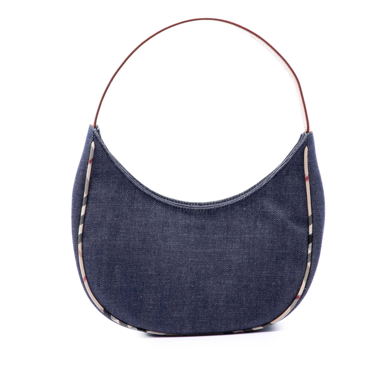 Burberry House Check Denim Shoulder Bag Blue Fabric: Burberry House Check Denim Shoulder Bag Blue Fabric Burberry House Check Trimmed Denim Shoulder Bag crafted with a denim body and a flat leather shoulder strap. The bag features a top zip closure and 