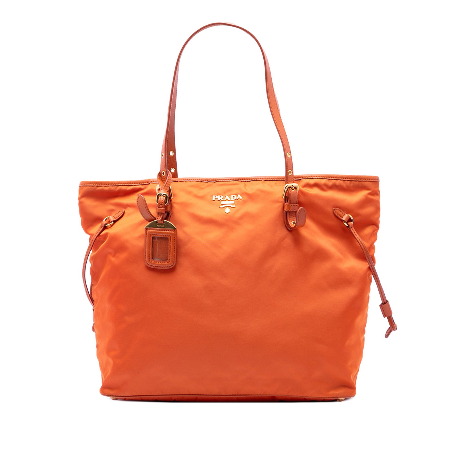Prada Tessuto Tote Bag with Saffiano Leather Trim Orange: Prada Tessuto Tote Bag with Saffiano Leather Trim Orange This Prada Saffiano Trimmed Tessuto Tote is crafted with a nylon body and saffiano leather trim, including flat saffiano leather handles and an