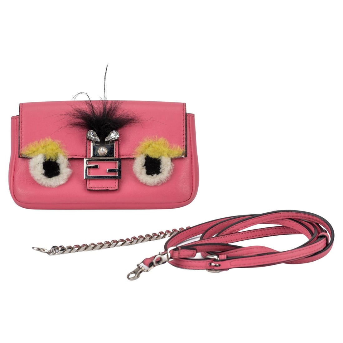 Fendi Limited Edition Pink Monster Micro Baguette 2016 with Rhinestones: Fendi Limited Edition Pink Monster Micro Baguette 2016 with Rhinestones Introducing the exquisite Fendi Limited Edition Pink Monster Micro Baguette, a unique accessory that blends playful design with 