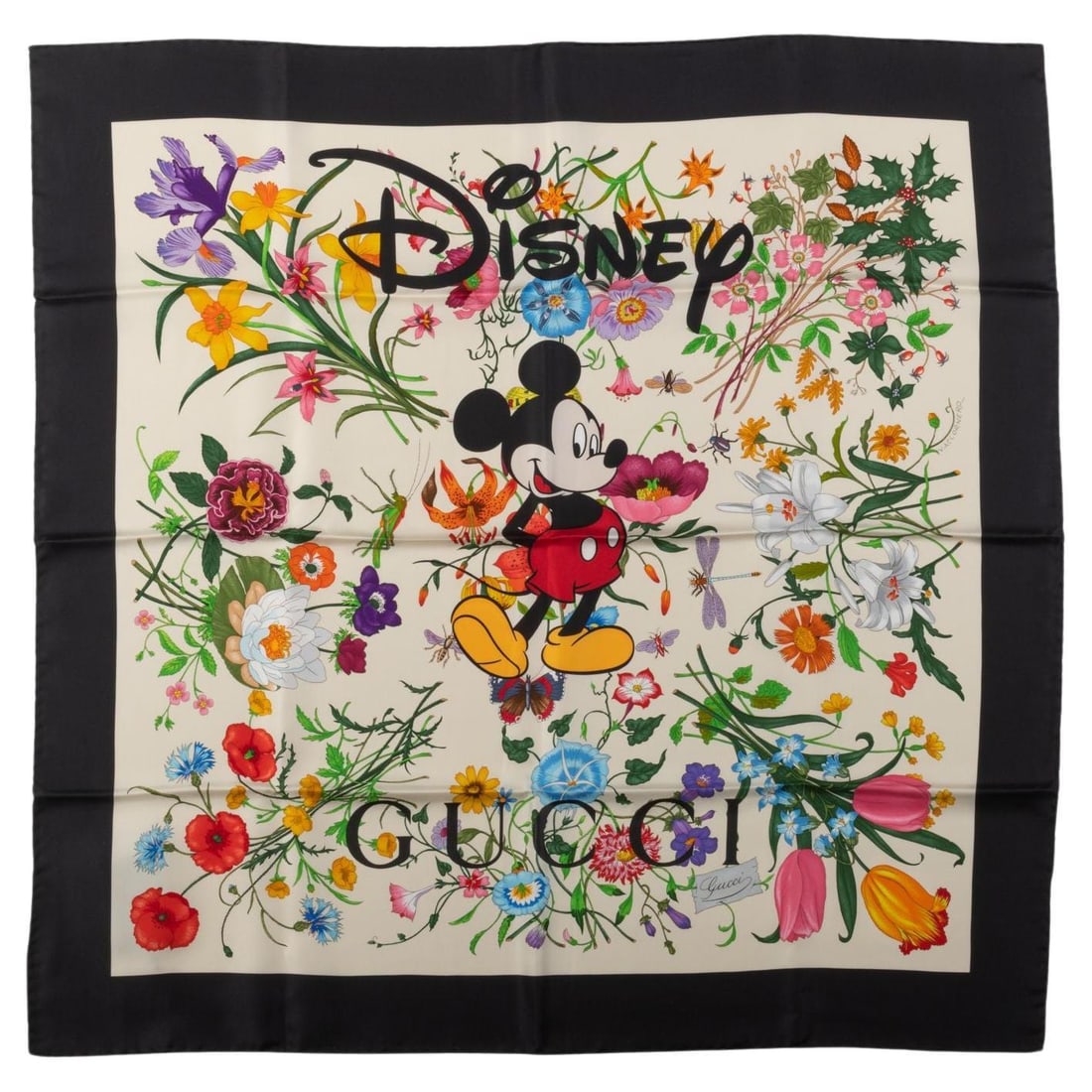 Gucci X Disney Limited Edition Black Flora Silk Scarf 35 in: Gucci X Disney Limited Edition Black Flora Silk Scarf 35 in Elevate your style with this exquisite Gucci X Disney limited edition silk scarf featuring a charming black flora pattern with a silk twill 