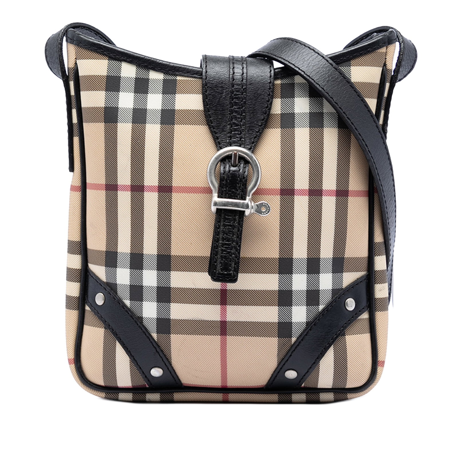 Burberry House Check Canvas Crossbody Bag with Leather Trim: Burberry House Check Canvas Crossbody Bag with Leather Trim Burberry House Check coated canvas crossbody bag with leather trim and a flat leather shoulder strap. The design features a top strap with m