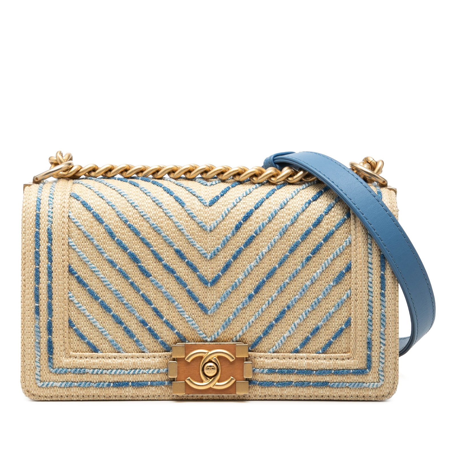Chanel Boy Flap Old Medium Chevron Raffia Shoulder Bag: Chanel Boy Flap Old Medium Chevron Raffia Shoulder Bag Shoulder bag with a raffia body in beige, featuring a chain link strap with leather guard, a front flap with CC push-lock closure, and an interio
