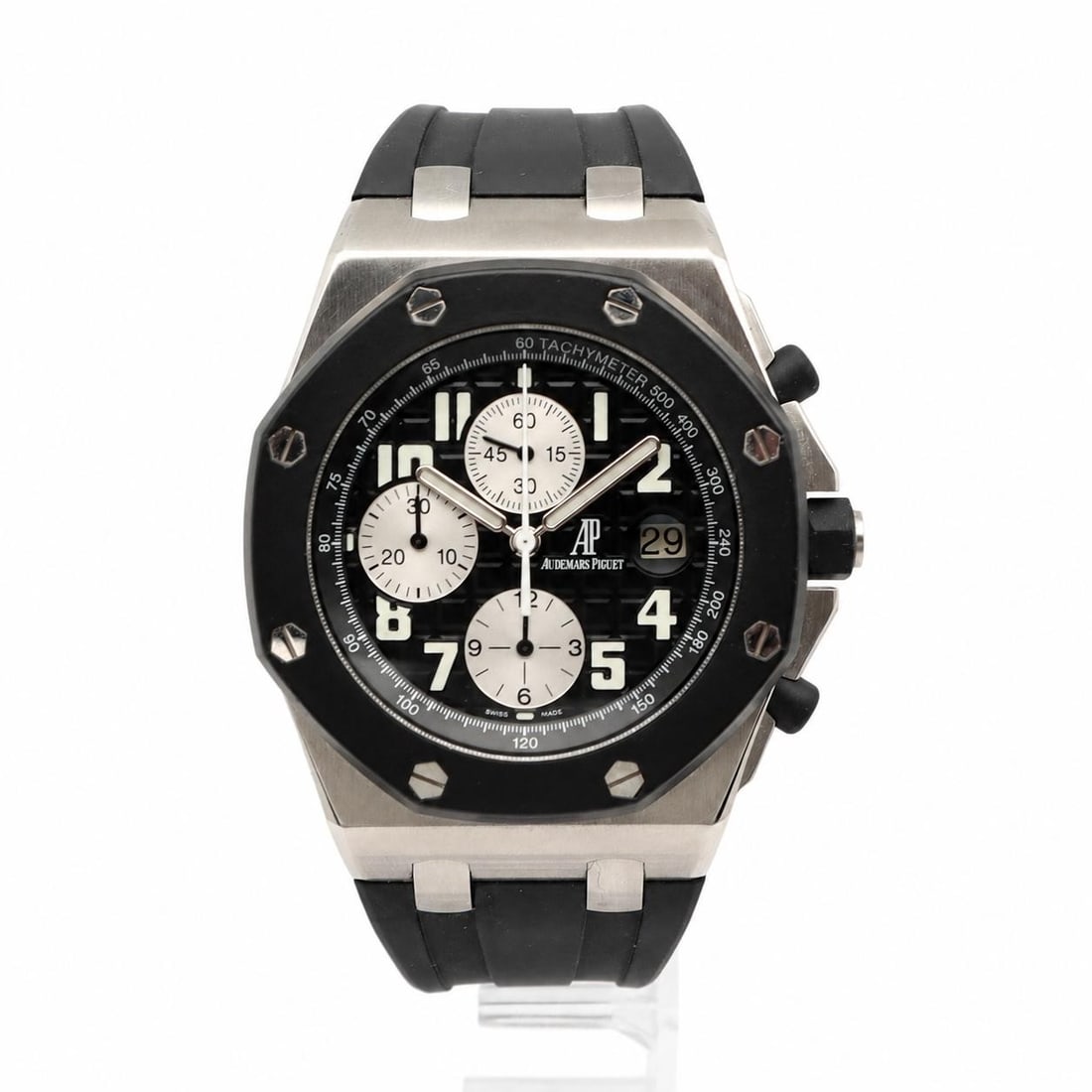 Audemars Piguet Royal Oak Offshore 44mm Automatic Steel Black Dial Watch: Audemars Piguet Royal Oak Offshore 44mm Automatic Steel Black Dial Watch This Audemars Piguet Royal Oak Offshore wristwatch features a stainless steel case with a brushed finish and an octagonal shape