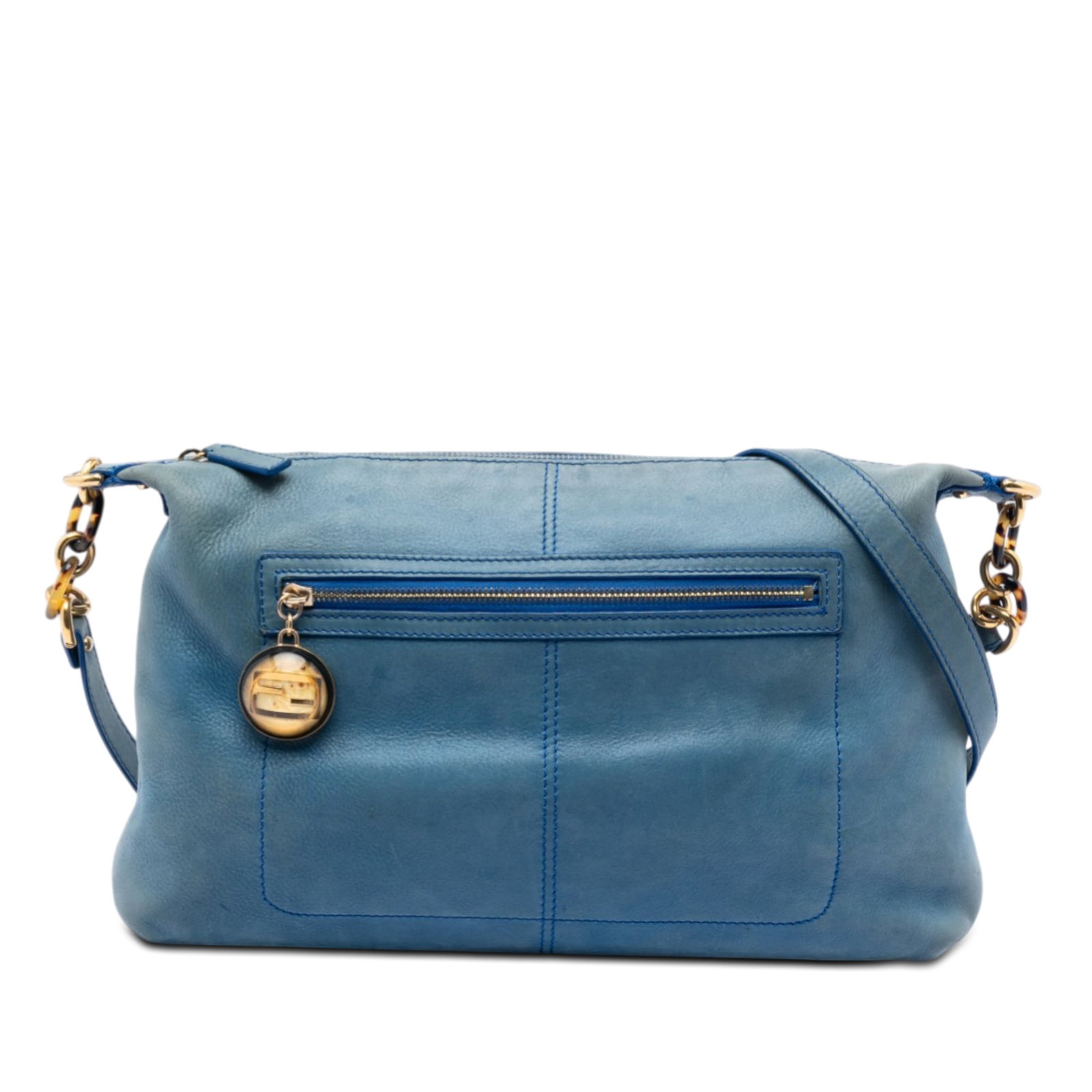 Fendi Forever metallic calfskin blue crossbody bag: Fendi Forever metallic calfskin blue crossbody bag This Fendi Metallic Calfskin Vitello Savana Forever Crossbody bag is crafted from blue leather and features an adjustable flat leather strap, a top z
