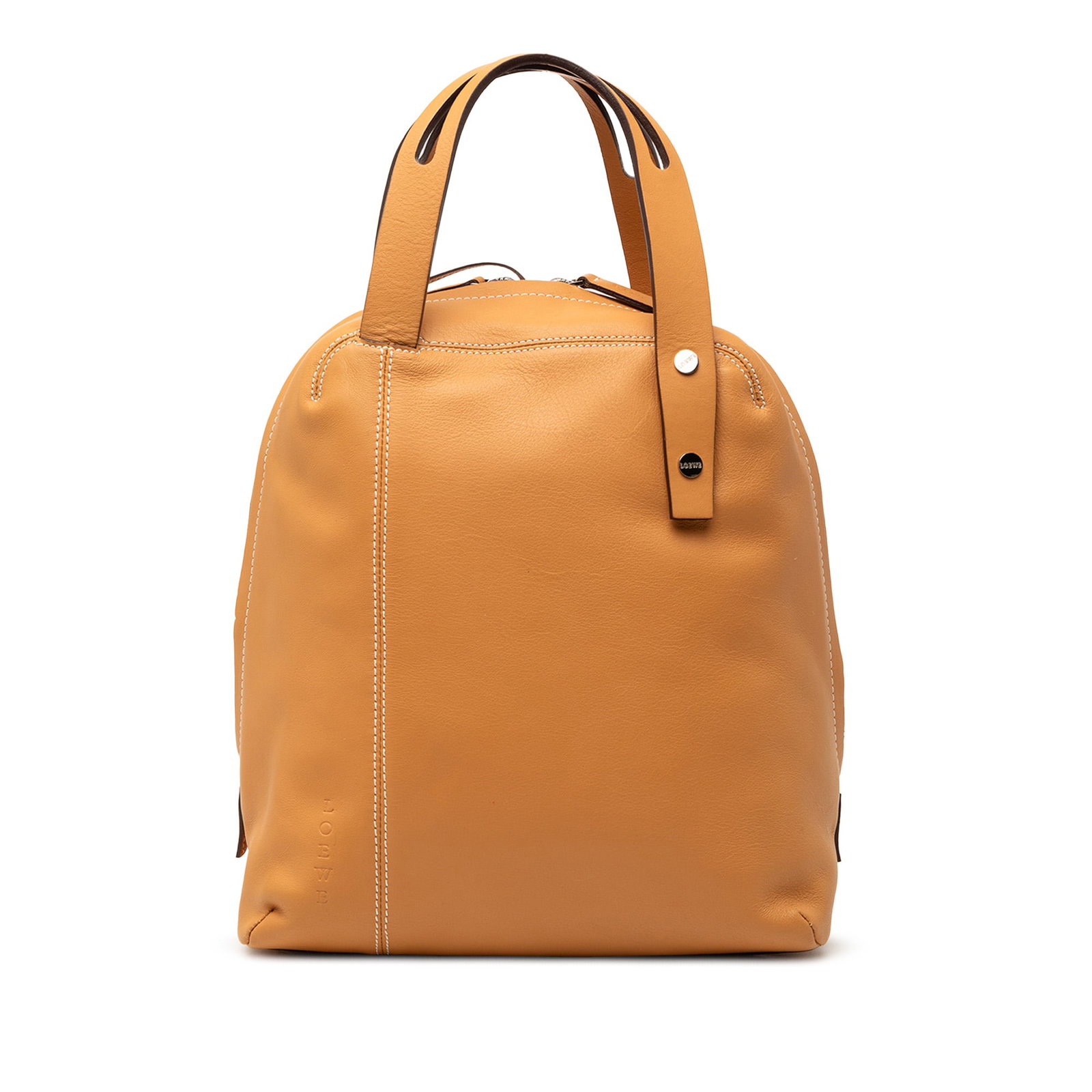 Brown Leather Tote by LOEWE with Top Zip and Interior Pouch: Brown Leather Tote by LOEWE with Top Zip and Interior Pouch This LOEWE leather handbag features a brown leather body with flat leather handles, a top zip closure, and an interior zip pouch. The bag wa