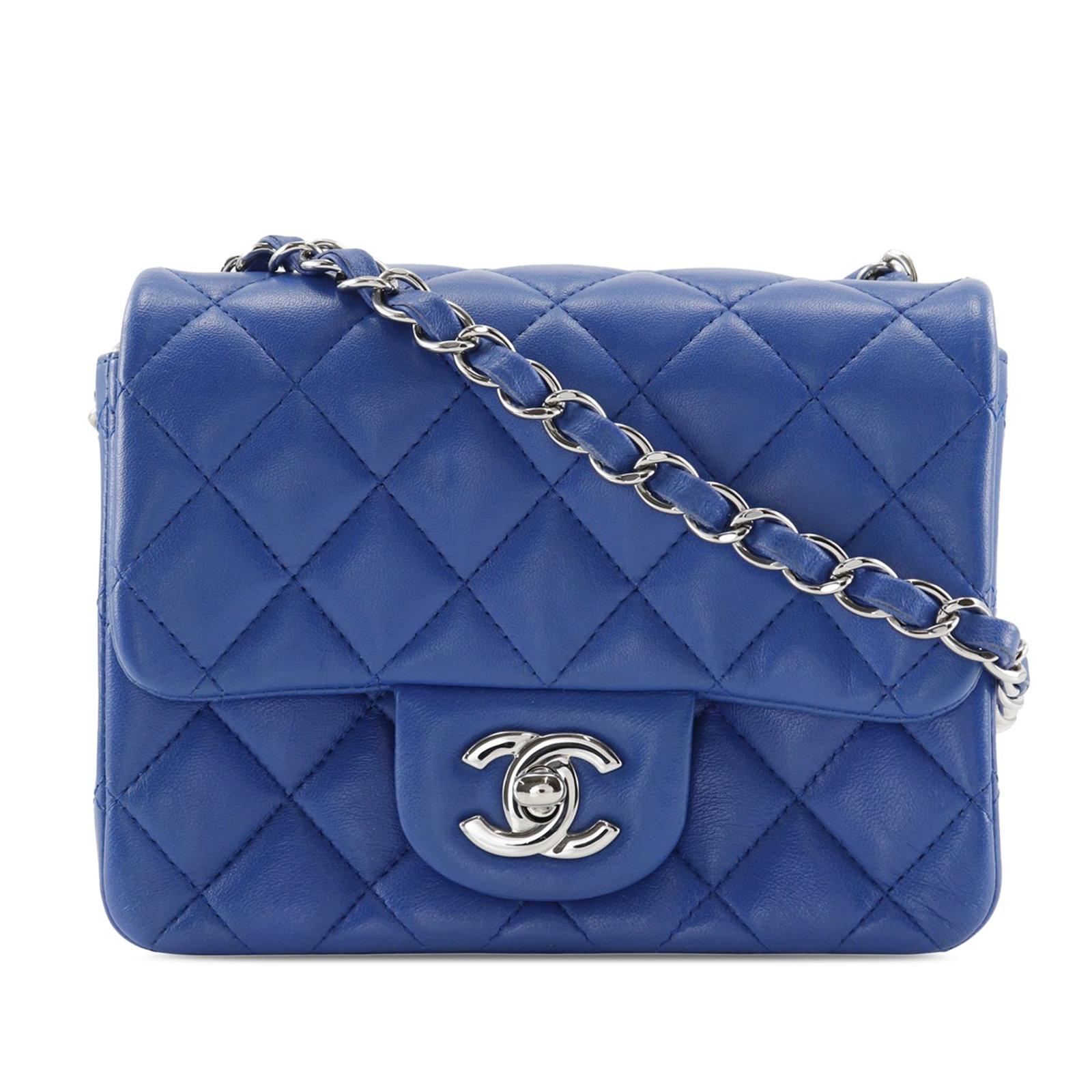 Chanel Mini Square Classic Blue Lambskin Crossbody Flap Bag: Chanel Mini Square Classic Blue Lambskin Crossbody Flap Bag This Chanel Mini Square Classic Single Flap crossbody bag is crafted from quilted lambskin leather in blue and features a leather-woven chai