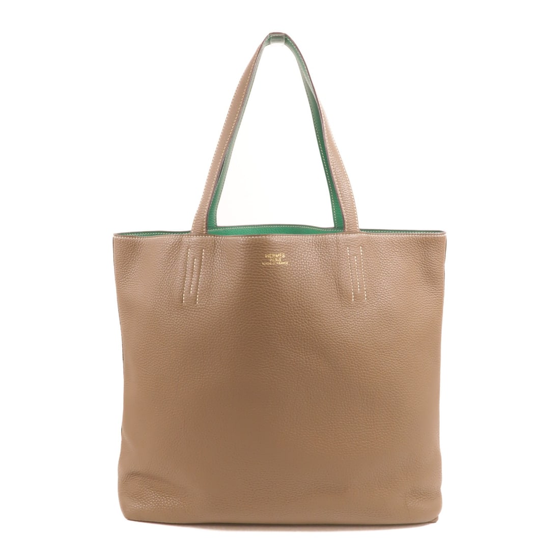 Hermes Double Sens 35 Clemence Leather Tote Shoulder Bag Etoupe Malachite: Hermes Double Sens 35 Clemence Leather Tote Shoulder Bag Etoupe Malachite Hermes Double Sens 35 shoulder bag tote in Clemence leather, presented in Etoupe and Malachite. The bag is made from calfskin 