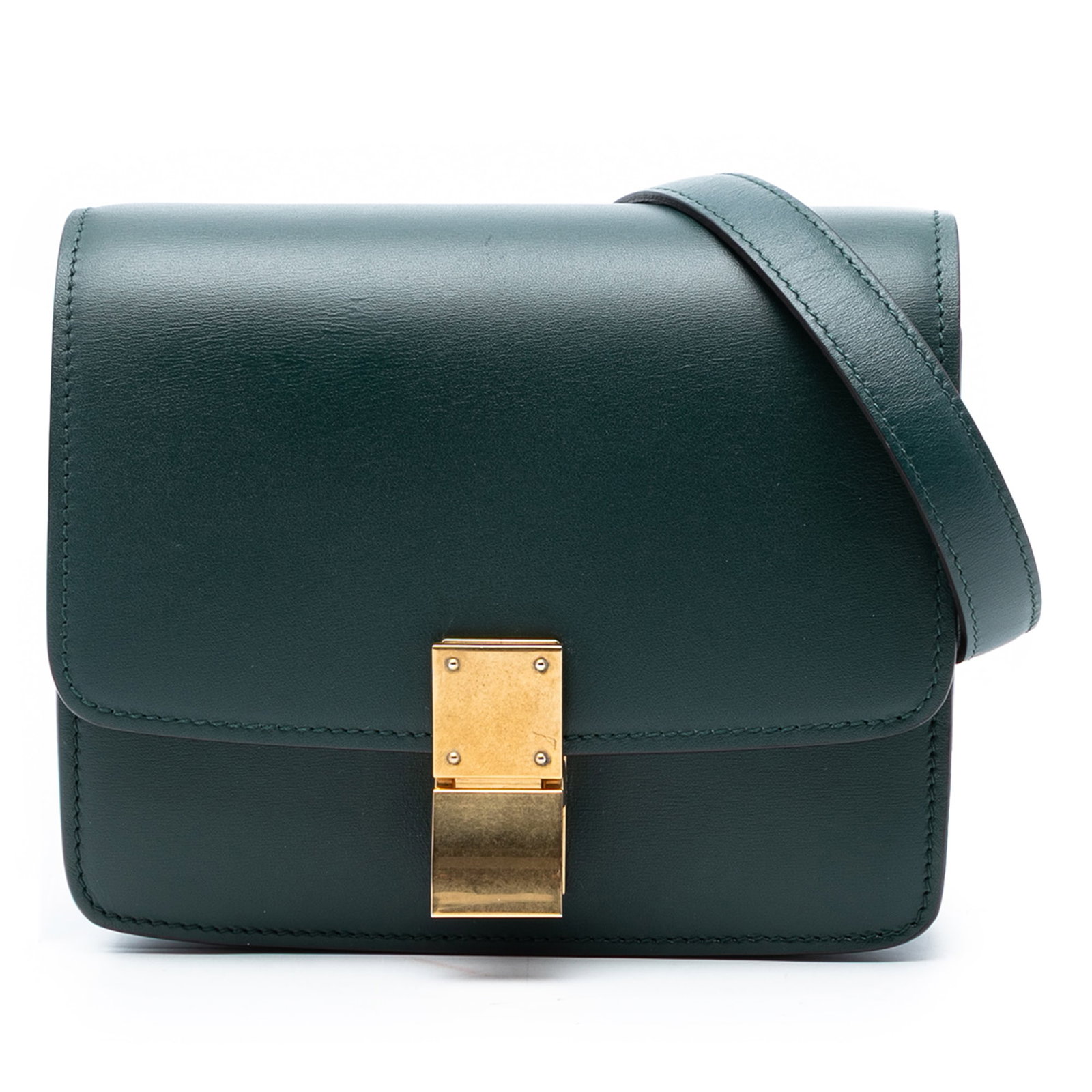 Celine Classic Box Small Green Leather Crossbody Bag: Celine Classic Box Small Green Leather Crossbody Bag This Celine Small Calfskin Classic Box is a crossbody bag crafted from leather in a green tone. It features a flat leather strap, a front flap with