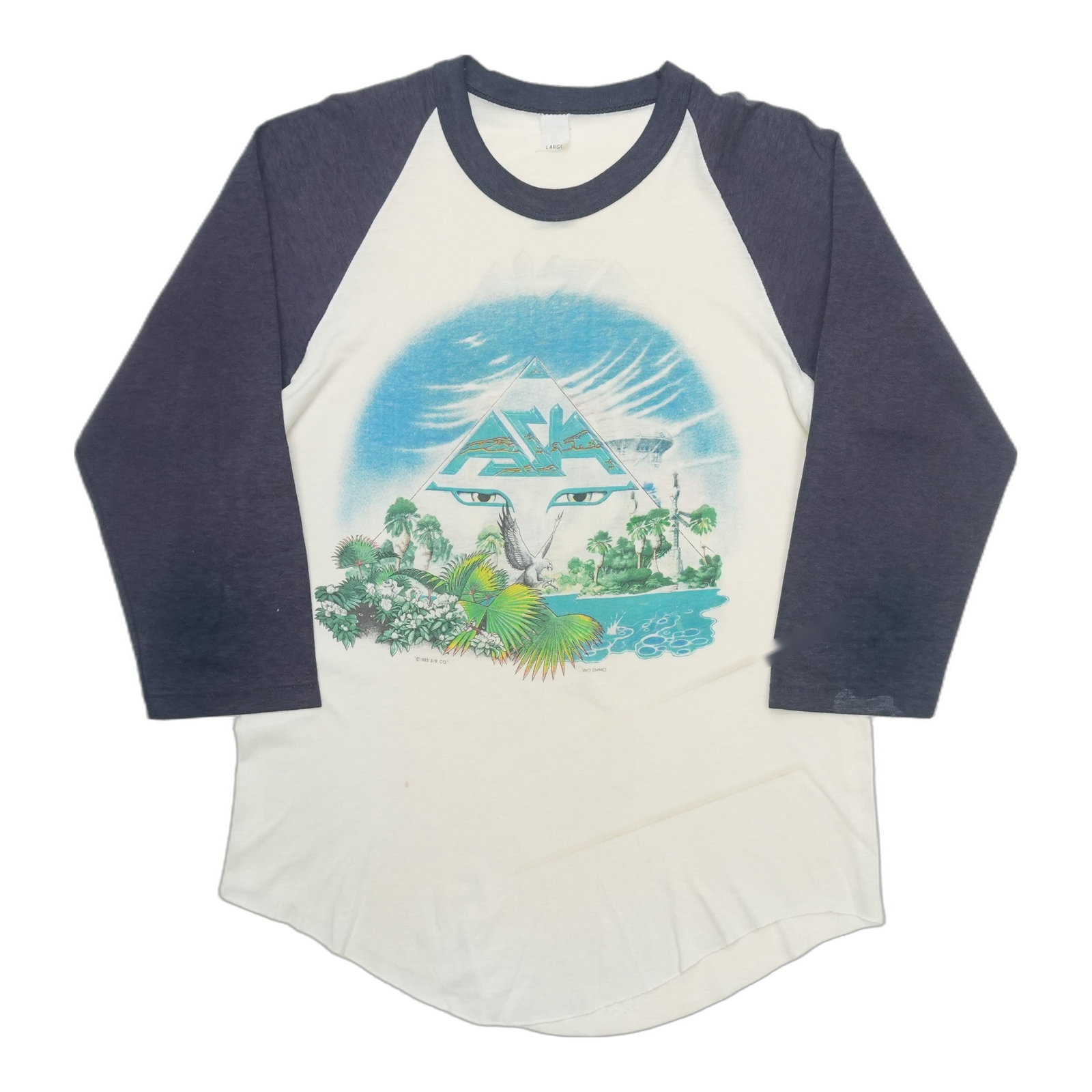Vintage 1983 Asia Alpha Invasian tour blue raglan shirt: Vintage 1983 Asia Alpha Invasian tour blue raglan shirt This is an original vintage 1983 Asia Alpha Invasian Tour raglan shirt. It is a true vintage item from the 1980s, not a modern reproduction. The